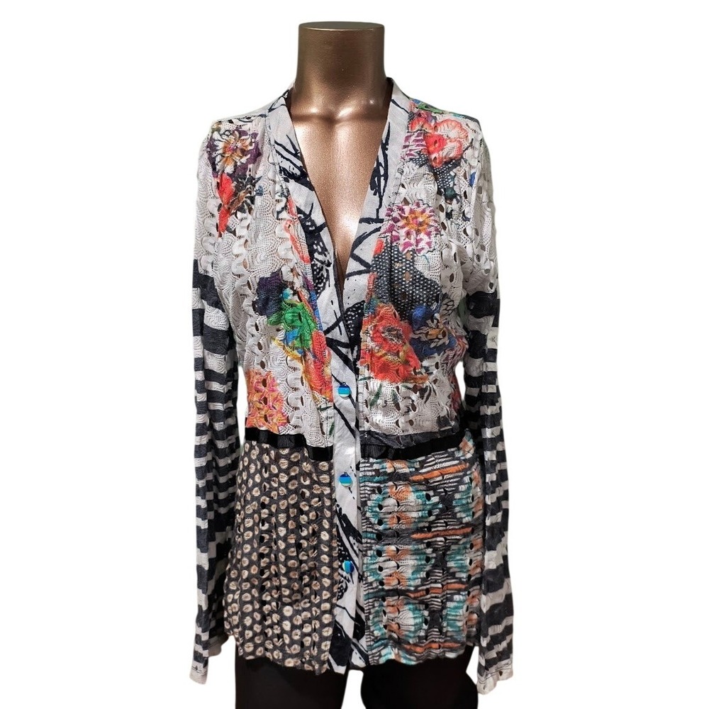 Alberto Makali Womens Mixed Print Floral Stripe Open Knit Cardigan Sweater Med